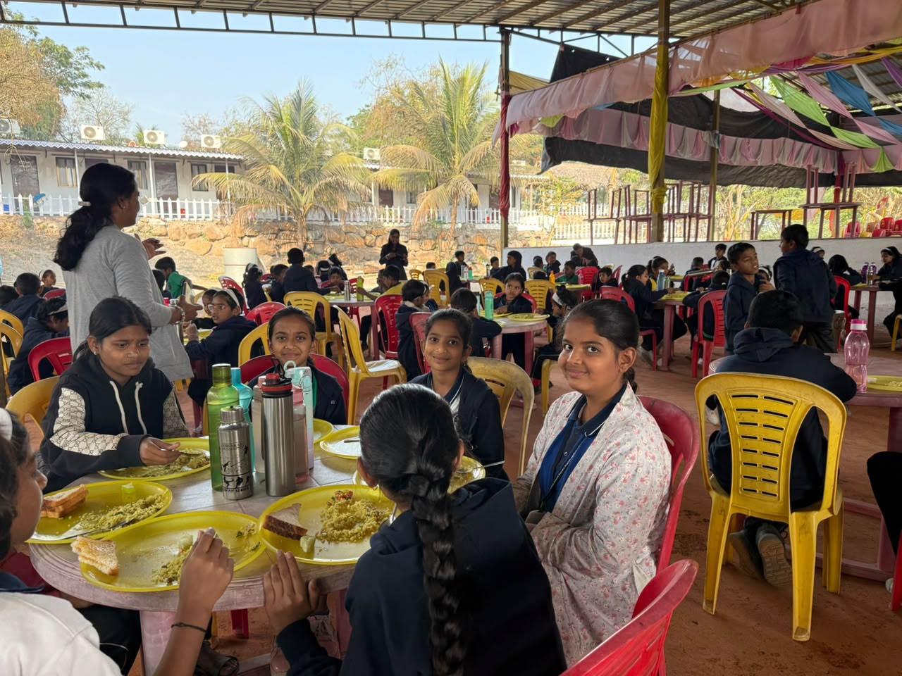 Pure Veg Food and huge dinning space for School picnic student at pawar agro resort pune