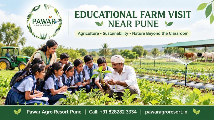 Educational farm visit near Pune at Pawar Agro Resort, where school students learn about agriculture and sustainable farming.